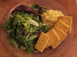 A Balanced Plate: Sesame Tofu, Chive and Spring Greens Salad, and Millet Pilaf