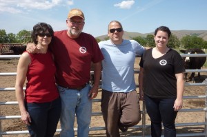 The Laney family gives Lewis & Clark College's Executive Chef Scott Clagget a tour of their cattle ranch. Pictured from left to right: Irene Laney, Scot Laney, Scott Clagget, and Hannah Laney.