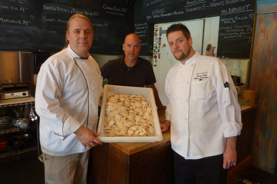Lewis & Clark College Executive Chef Scott Clagett, Pastaworks owner Kevin de Garmo, and Lewis & Clark College Sous Chef Ethan Davidsohn pose with their locally crafted raviolis!