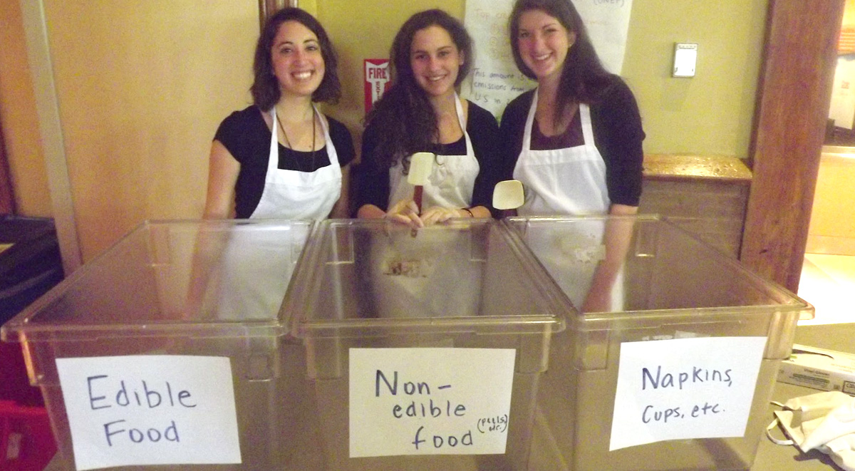 Bon Appétit Senior Fellow Nicole Tocco and Real Food Hamilton leaders Heather Krieger and Victoria Blumenfeld prepare to make food waste visible