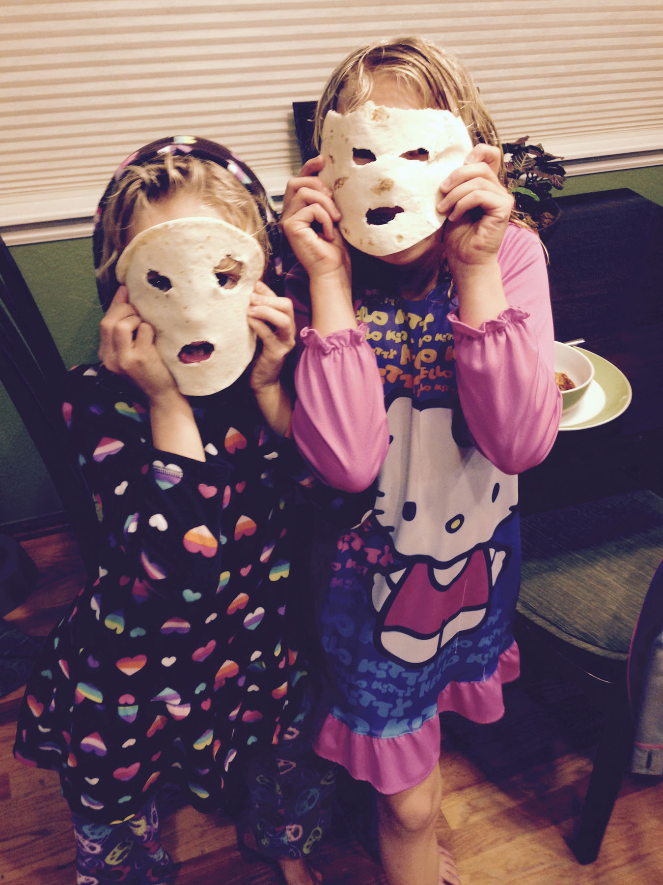 My daughters think tortilla masks go great with Dad’s World Famous Chili