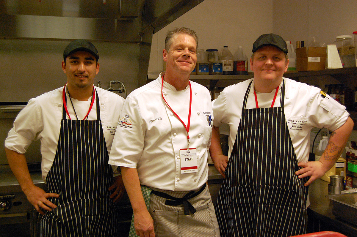 Stanford GSB Sous Chef Luis Ayala, VMware Executive Chef Matthew Dark, and Stanford GSB Executive Chef Jon Sodini