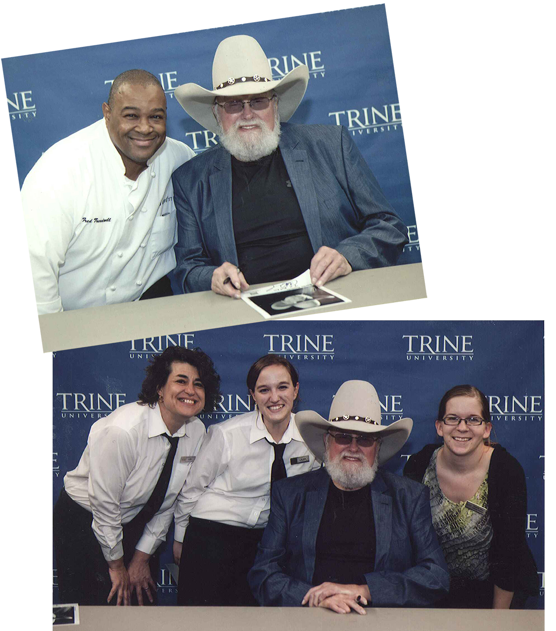 Top: Sous Chef Fred Treadwell with country legend Charlie Daniels Bottom: Catering Attendants Lisa Pardue and Laura Lepley, country legend Charlie Daniels, and Catering Manager Danielle Beer