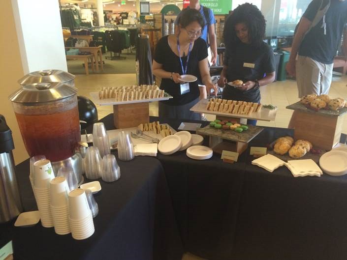 The beautiful catering display set up by our USF team, complete with 5 Mountains Tea, tea sandwiches and macarons.