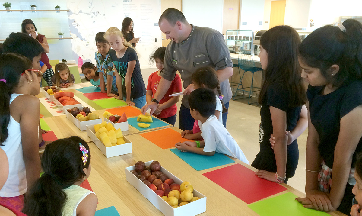 Adobe Executive Chef Brian West leads a pilot Healthy Kids in the Bon Appétit Kitchen class for children of employees