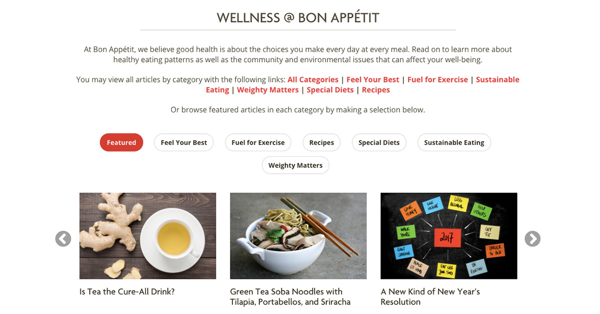 Screenshot of Wellness @ Bon Appétit library from proprietary client website