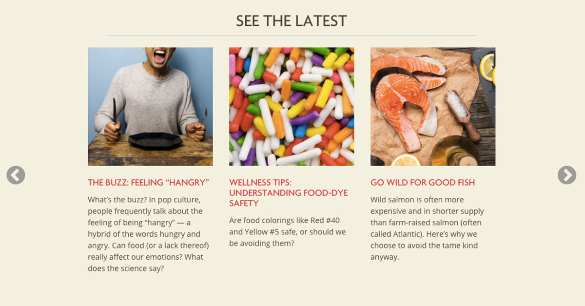 Screenshot of Wellness @ Bon Appétit articles from proprietary client website