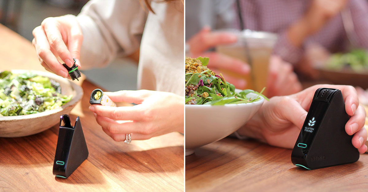 Woman's hands with gluten sensor and food