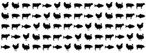 silhouettes of cows, pigs, chicken, turkey, and fish