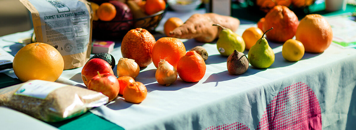 A display of fruits and vegetables on a table