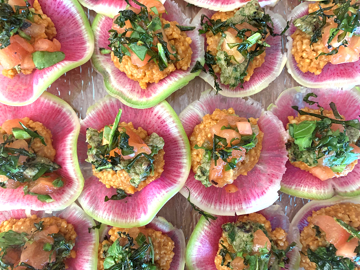 Watermelon radish taco "shells" with millet and flank steak