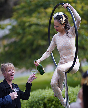 Guests were wowed by the aerial Champagne pouring, one of the more creative Champagne toasts the Presidio Foods Catering team has executed