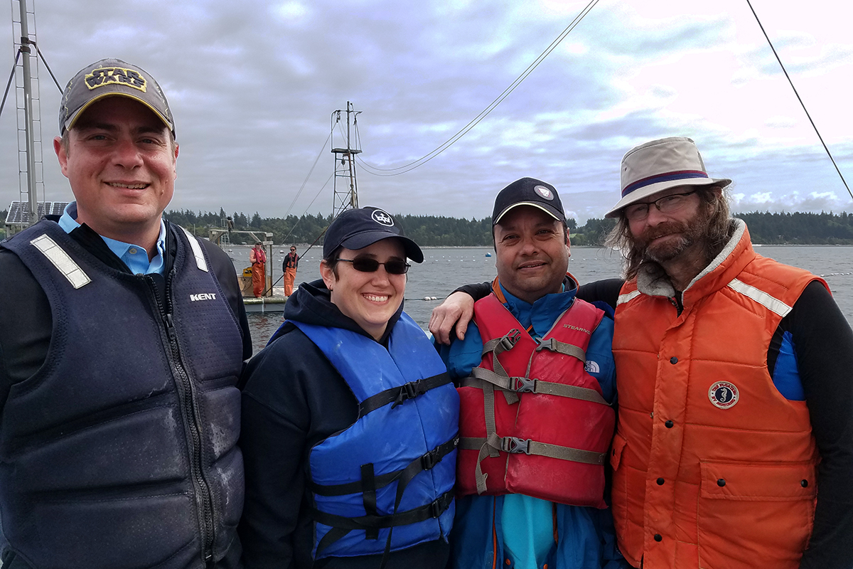 Chef de Cuisine Kris McAuliffe, Sous Chef Billie Blue, Executive Chef Diego Torres, and Catering Chef Peter McCoy ready for some salmon fishing