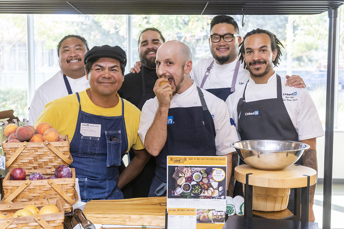 The Farmer’s Table team, front row, left to right: Frog Hollow’s Mario Ishii Hernandez, Executive Pastry Chef Vincent Attali, and Café Chef Kevin Mertens-Rowan. Back row, left to right: Chef de Cuisine Cyrus Irudistan, Senior Lead Line Cook Michael Ochoa, and Sous Chef Timothy Na