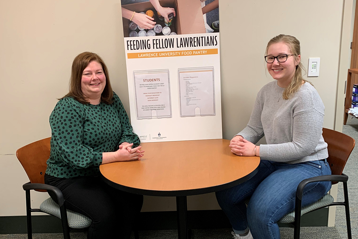 General Manager Julie Severance and Community Advisor and Lawrence student Molly Ruffing, who came up with the idea to increase support of the campus food pantry