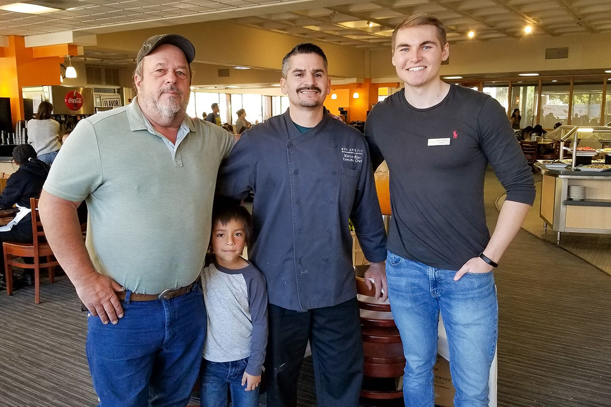 Sage Mountain Farm Owner Phil Noble and his son [check TK], with Executive Chef Marcos Rios and Bon Appétit Fellow Samuel Martin