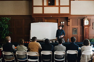 Students take notes as Chris Glasow from Zingerman’s explains the various brewing techniques and equipment