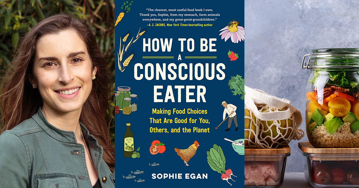 Sophie Egan with book cover and food in glass jars