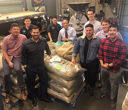 Assistant Director of Operations Collin Rand (black shirt), Jones Coffee co-owners Larry and Chuck Jones, Jones Coffee Roaster Rafael Batiz, Jones Coffee Sales Manager Maurice Saldebar, Resident District Manager Jon Webster, Catering Director Leon Darley (Biola University), Assistant Catering Director Isaiah Kerkhoff (Biola University), and Fellow Taiyo Scanlon-Kimura