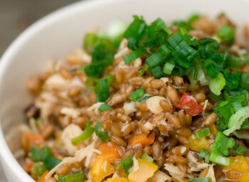 Satisfying Wheat Berry Bowl with Almonds, Chicken, and Chipotle Lime Vinaigrette