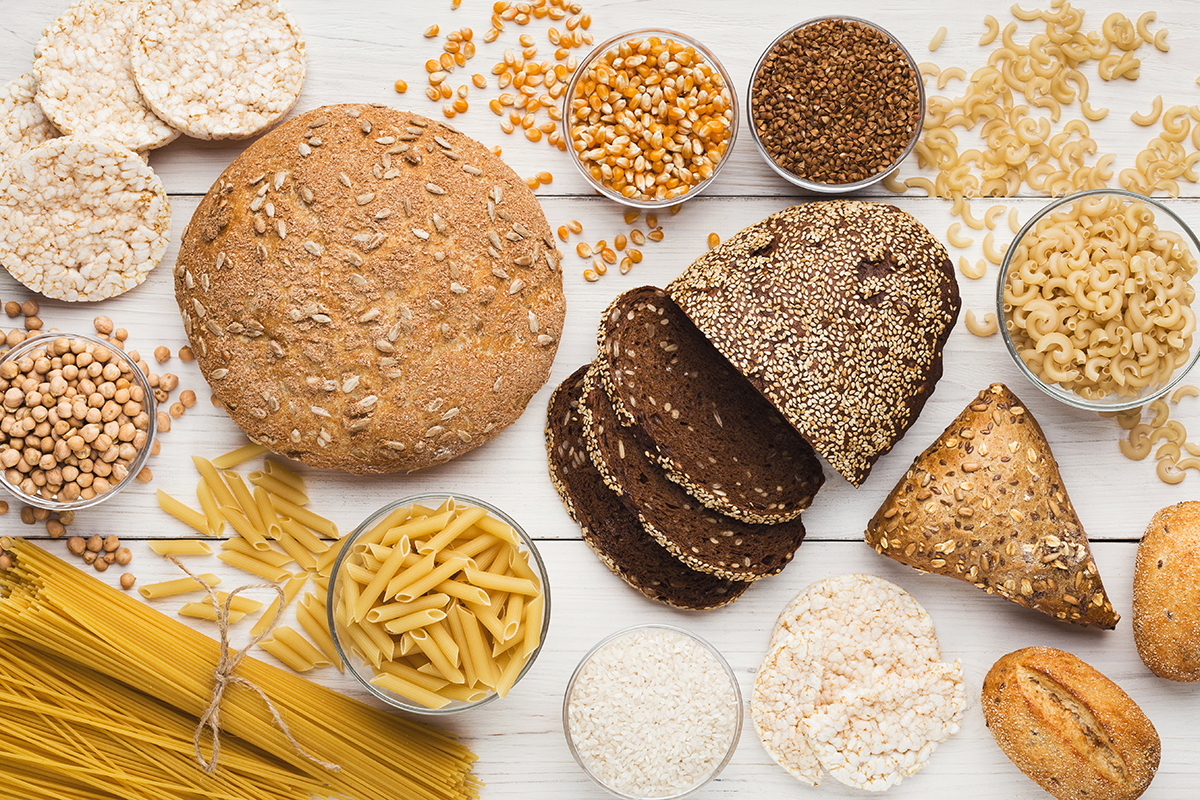 Top view on healthy gluten free bread, pasta and grains