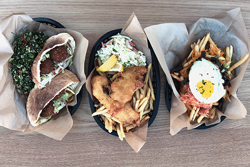 Lunch options from the Vegging Out, Bay Shack, and Korean Barbecue stations
