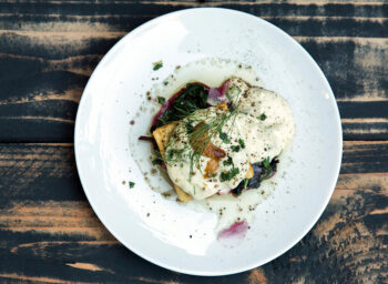 Stop Food Waste Day Recipe #1: Chickpea Panisse with Wilted Beet Greens, Aquafaba, and Roasted Garlic