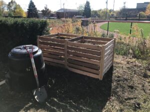 two compost bins at the Wheaton College Garden
