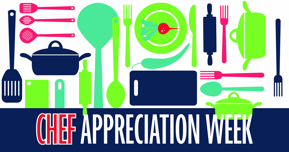 Colorful images of kitchen utensils with the words Chef Appreciation Week in a banner underneath