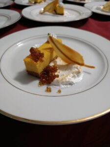 Lafayette College Campus Executive Chef John Soder’s butternut squash cheesecake with burnt Italian meringue, maple syrup caviar, and vanilla tuile
