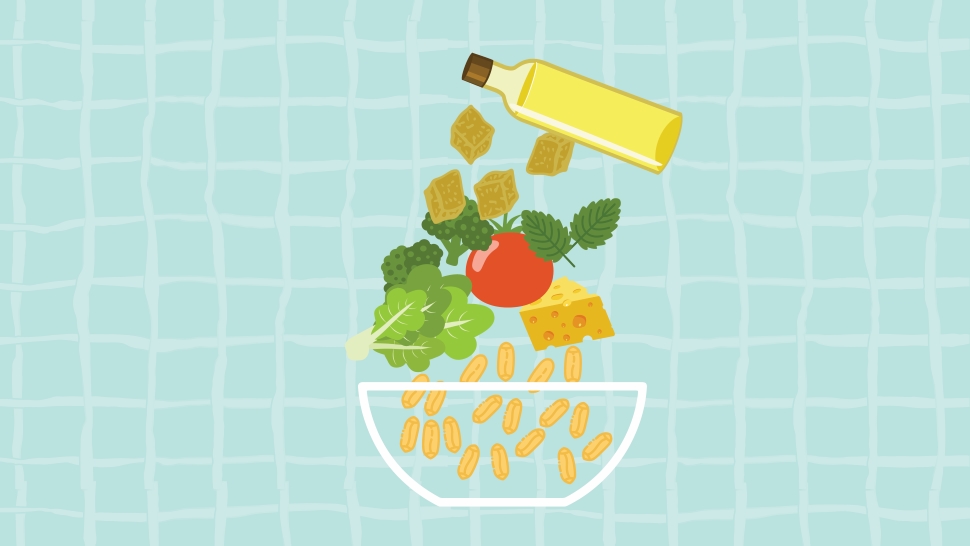A graphic of fresh vegetables, grains, and oil, suspended over a bowl