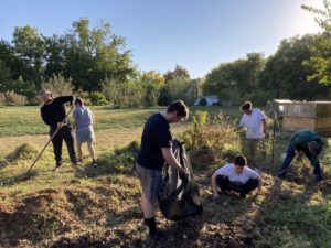 Students tend to the Knox Farm's compost pile.