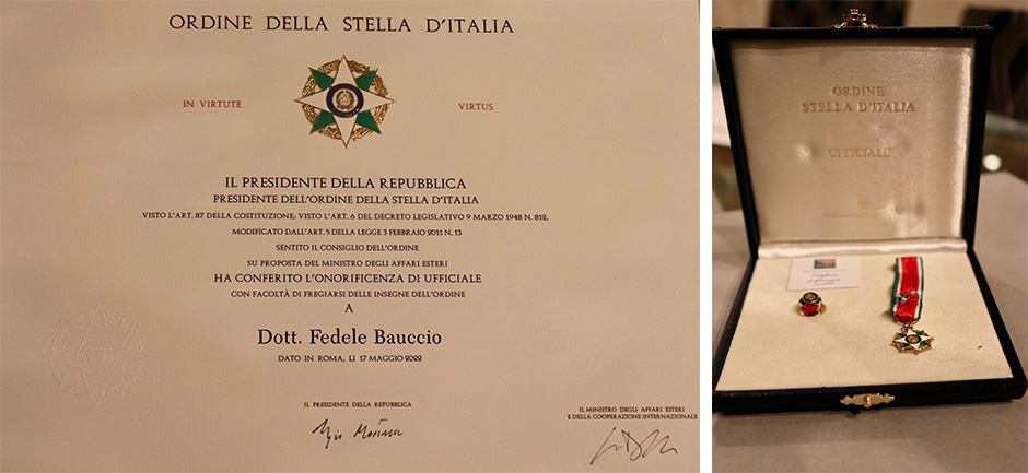 Images of certificate and medal awarded to Bon Appetit CEO Fedele Bauccio for the title of “Ufficiale dell’Ordine della Stella d’Italia” (Officer of the Order of the Star of Italy). 