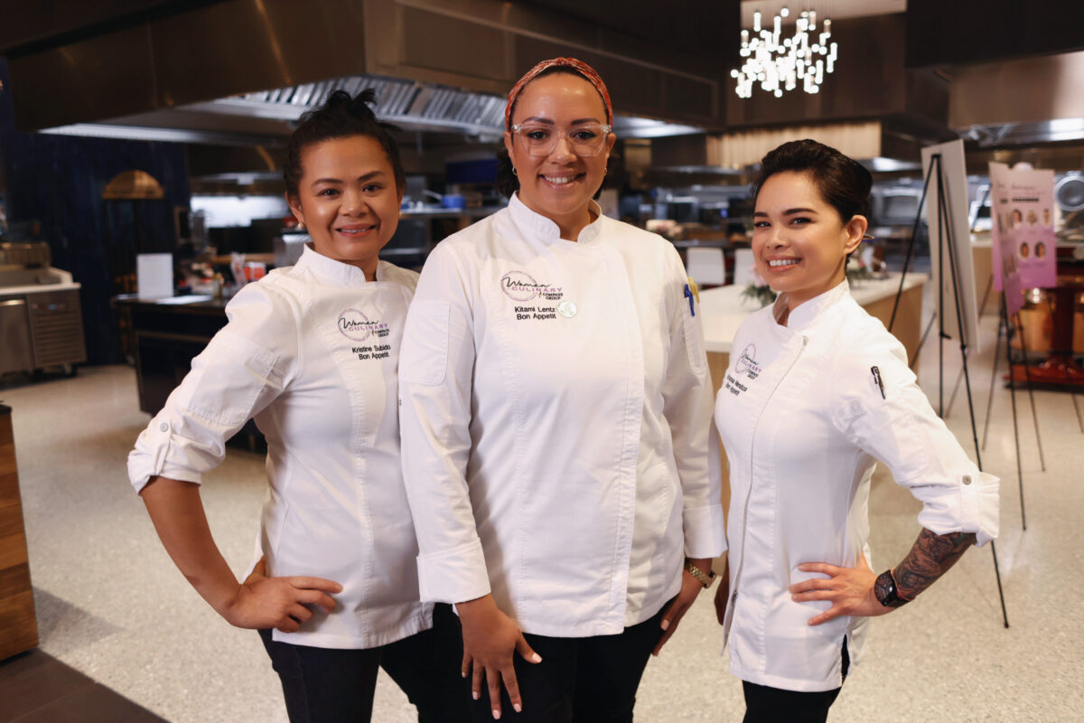From left to right Kristine Subido, Bon Appétit at LinkedIn Chicago Culinary Director; Kitami Lentz, Executive Development Chef of Culinary Training and Activation at a large technology company; and Kristela Mendoza, Bon Appétit at Chase Center Culinary Director