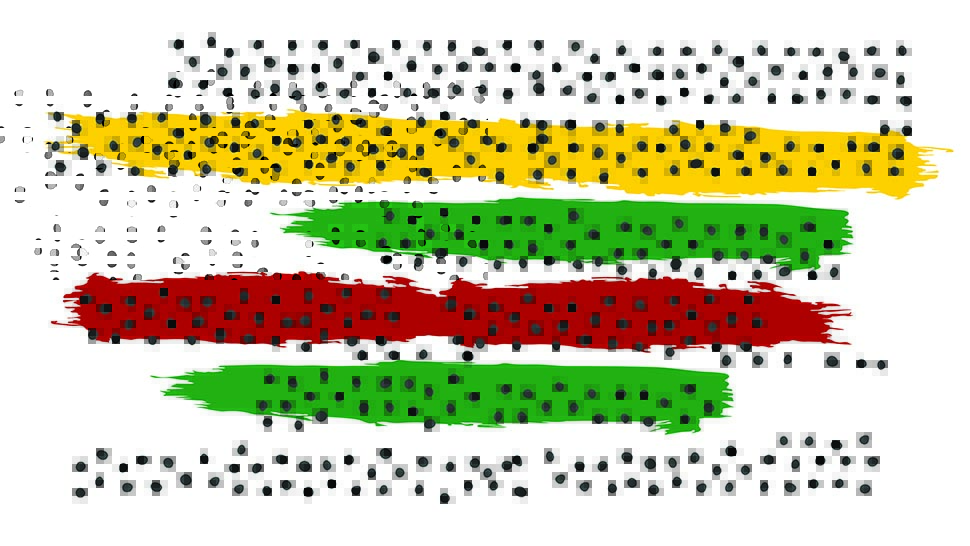 Black dots on a white background with paint brush strokes of yellow, green, and red