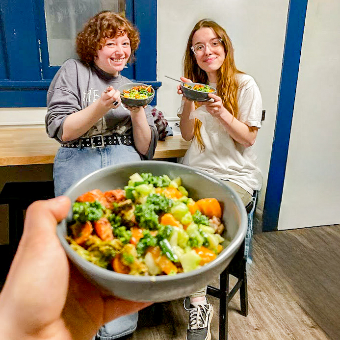 Underutilized plant parts like carrot tops and broccoli stems were transformed into a delicious grain bowl at St. Mary-of-the-Woods College 