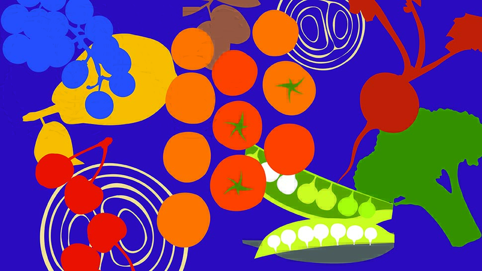 An artistic rendering of various fruits and vegetables with a purple background