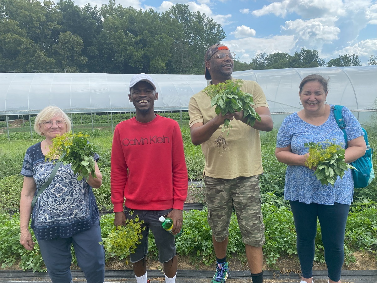 a group of people with herbs on a farm