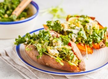 Quinoa and Kale-Stuffed Sweet Potato with Tahini Drizzle