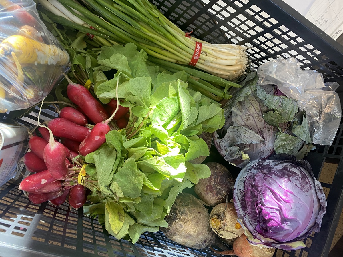 A box of produce on display