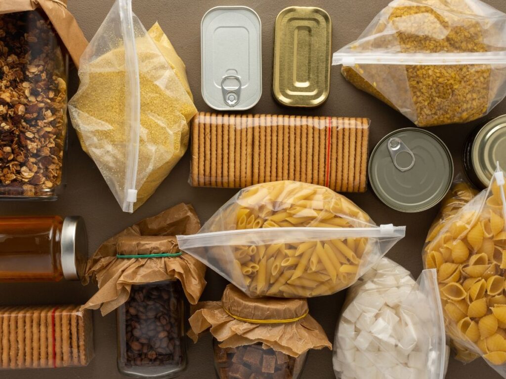 An overhead shot of n assortment of beans, grains, and other dry goods. 