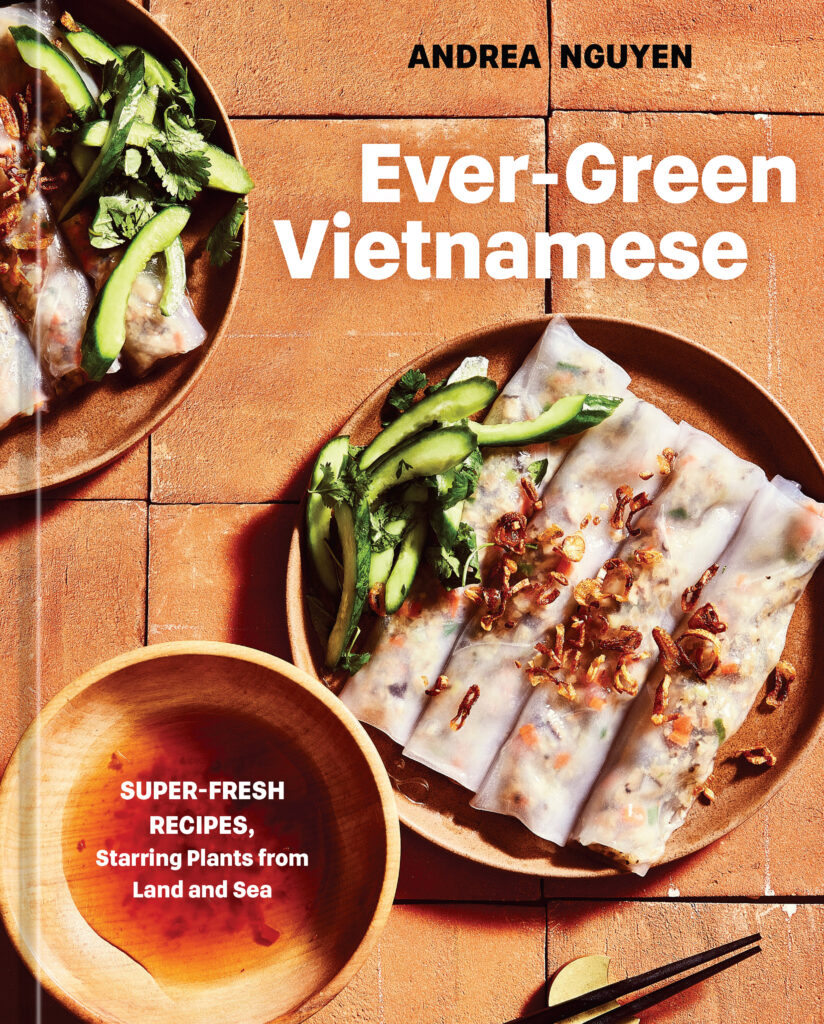 Coobook cover with the title Ever-Green Vietnamese on a light brown background with spring rolls and dipping sauce. 