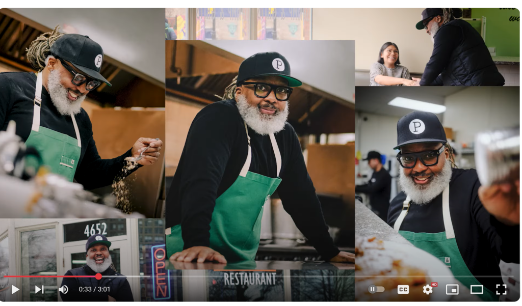 A collage of images of an African-American man wearing a green apron and a black cap, in a restaurant kitchen. 