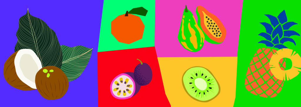 A collage of abstracted fruits in bright primary colors. 