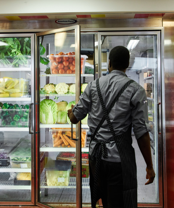 chef in fridge - fresh ingredients