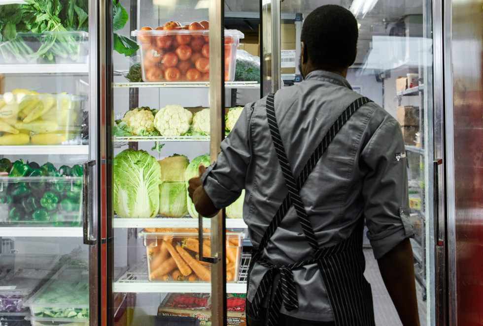 chef in fridge - fresh ingredients