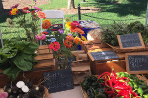 A farmers' market spread with fresh flowers and produce