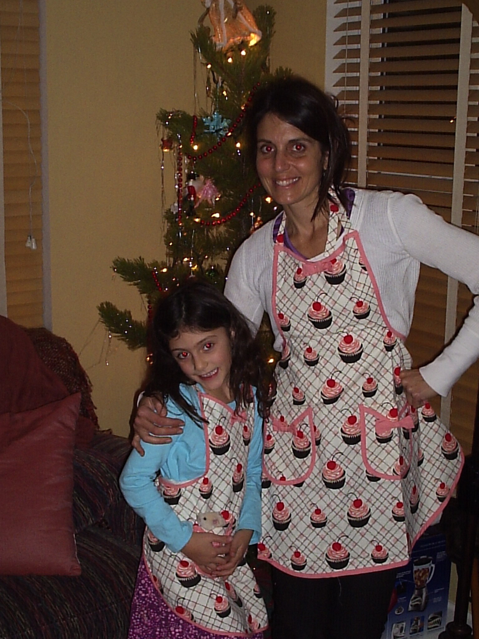 A mother and daughter stand in front of a Christmas tree wearing matching aprons.