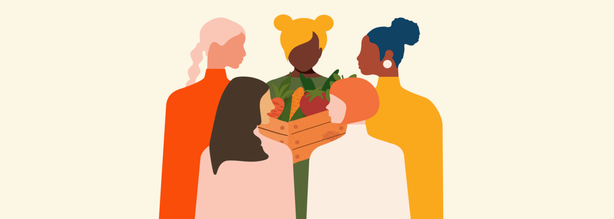 An color-blocked illustration of women gathered around a big bowl of vegetables