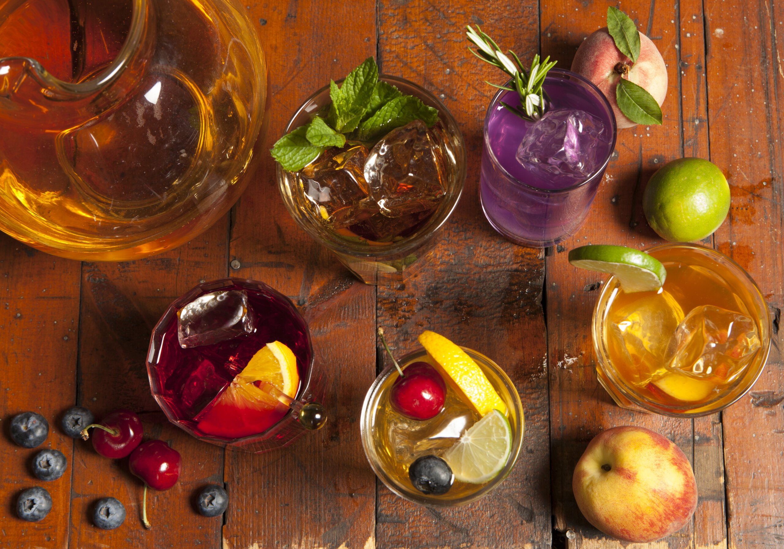 Overhead shot of teas with fruit